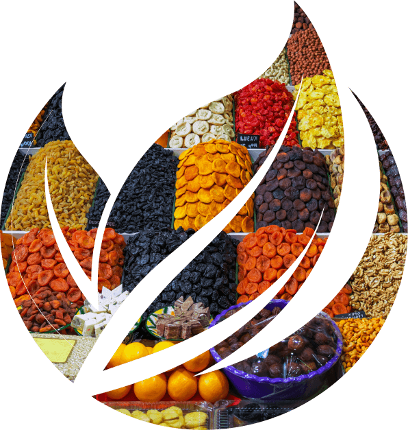 A collage of spices and grains in a leaf shape